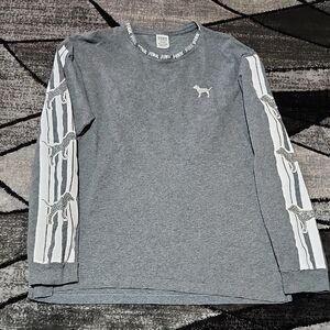 VS PINK 2018 CAMPUS GRAY GLITTER STRIPES DOG RHINESTONES LOGO LONG-SLEEVE TEE